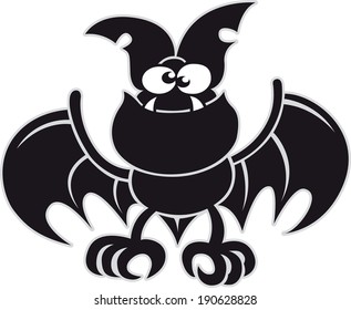 Cool black vampire with crossed eyes, sharp fangs and pointy ears while posing, opening its wings, staring at you and smiling 