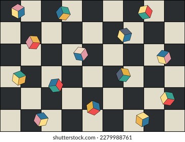Cool black and white checkerboard style background with colorful isometric cubes. vector illustration. hippie style 67-70s