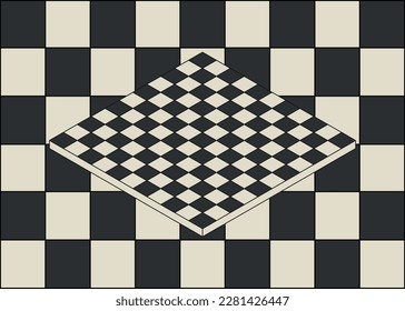 Cool black and white chessboard style background with an isometric chessboard in the middle. vector illustration. hippie style 60s-70s