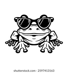 Cool black and white frog wearing stylish sunglasses. Fun cartoon illustration, perfect for stickers, clipart, logos, and digital prints.