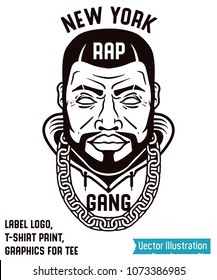 Cool black and white logo concept. Logo design - new york rapper head. Graphics slogan for tee and t-shirt. Awesome print for clothes. Brutal swag sign. Vector illustration on white background