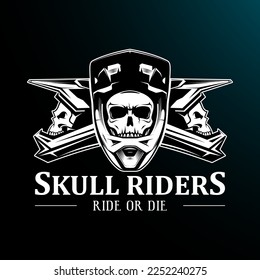 Cool black and white skulls in motocross helmets vector illustration for motorsport, mountain biking and other sports. Use for logo printing on T-shirts or social networks. groups.