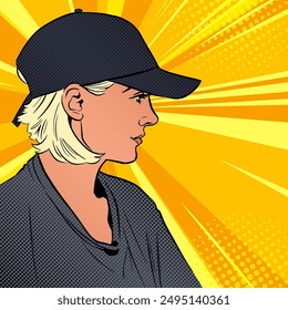 Rubia fresca usando gorra de béisbol, Ilustración vectorial de arte pop cómico