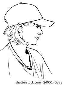 Cool blond wearing baseball cap, comic pop art vector illustration, black and white outline for coloring book