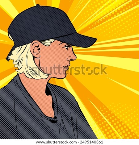 Cool blond wearing baseball cap, comic pop art vector illustration
