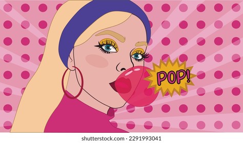 Cool blonde woman with chewing gum on pink background