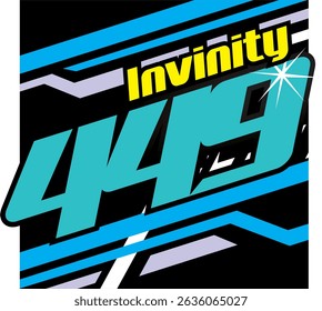 Cool blue 449 number vector, yellow INVINITY text, 3D design, sporty background.