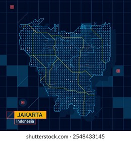 Tecnologia de vetor de tecnologia Cool blue Abstrac Estilizado Jacarta indonésia mapa da cidade wireframe e pontos HUD GUI