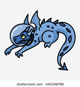 Cool blue astronaut dragon cartoon vector illustration motif set. Hand drawn isolated space fairytale elements clipart for mythology blog, star and galaxy graphic, lizard web buttons.