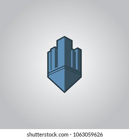 cool blue building, city and construction isometric logo with outline. can use for city and real estate logo. can use for business object design.