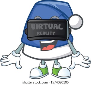 cool blue christmas hat character in Virtual reality headset