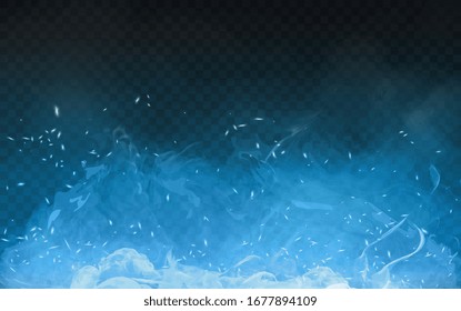 Cool blue fire with smoke and sparks in an abstract background with copy space, vector illustration