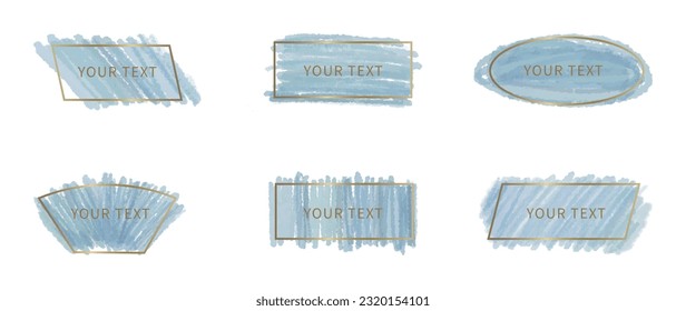 Cool blue frames for text in the style of drawing with colored pencils with golden elements. Stickers for text, promotions.