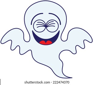 Cool blue ghost in minimalist style, with big head and bulging eyes, while floating, clenching his eyes and laughing enthusiastically