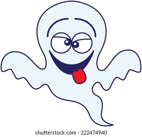 Cool blue ghost in minimalist style, with big head and bulging eyes, while floating and having fun by making funny faces and sticking his tongue out