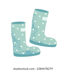 Cool blue knee-high polka dot rubber boots on thick corrugated soles, icon isolated on white background, vector cartoon illustration in flat style
