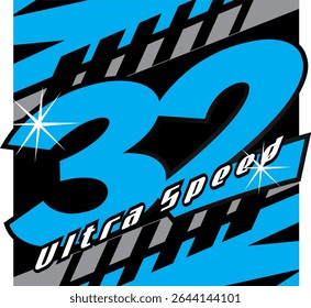 Coole blaue Zahl 32 Vektor, Ultra-Speed-Text, 3D-Design.