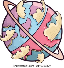 Cool blue pink planet with ring cartoon illustration