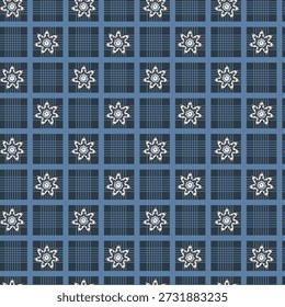 Cuadrícula de azulejos a cuadros azul fresco con acentos florales para el Fondo de pantalla, ropa de cama, tapicería, decoración costera y textiles modernos.