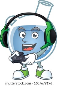 Cool blue potion cartoon mascot with headphone and controller