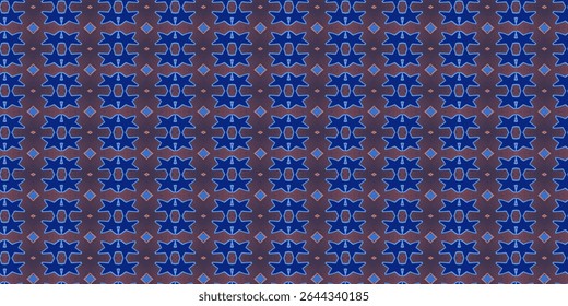 Cool blue and violet tribal seamless pattern with vibrant symmetry, ideal for digital backdrops or abstract visual art. Blue, tribal, geometric, texture, pattern.