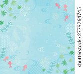 Cool blue water surface frame vector with green Japanese maples and swimming red goldfish