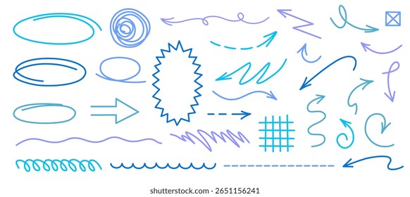 Cool blue watercolor arrows and outlined shapes with liquid edge texture for calm concept visuals and diary pages

