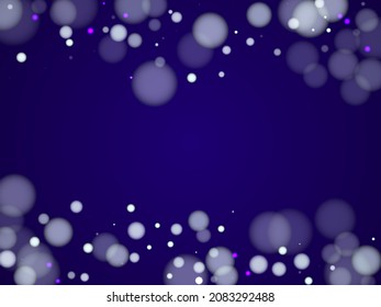 Cool blurred bokeh lights vector background. White abstract snowflakes over dark blue background. Blurred bokeh lights flare effect round random dust falling card backdrop