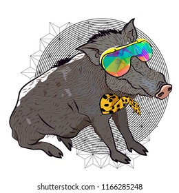 Cool boar. Summer vector print. Isolated drawing.