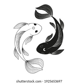 Cool Boho Fish Illustration. Bohemiam logo with two fishes. Handdrawn aquatic flyer with pisces.