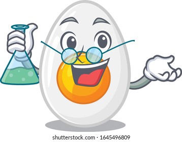 Cool boiled egg Professor cartoon character with glass tube