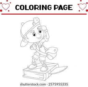 cool boy with big bag is riding flying book coloring page for kids