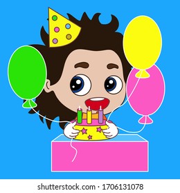 Cool boy in a birthday cap sitting at a table on which stands a cake with candles, smiling and holding colorful balloons in his hands, vector emoticon on isolated background