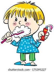 Cool boy brushes his teeth.
