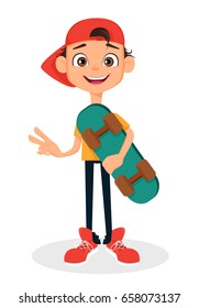 Cool boy in cap holding skateboard. Cute cartoon character. Vector illustration.