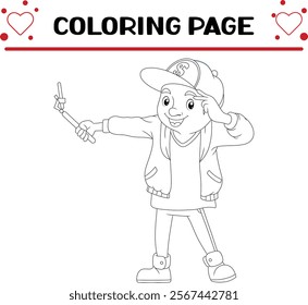 cool boy is doing selfie coloring page for kids