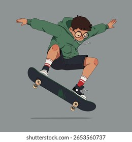 Cool Boy Fazendo truque skate na ilustração de personagem vetor de ar médio