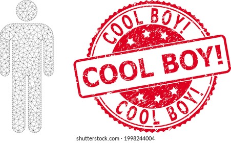 Cool Boy Exclamation grunge Stempel und Vektor Person Mesh Modell. Rote Stempelrobbe hat Cool Boy Exclamation Titel innen. Abstrakte 2D-Masche, konstruiert mit flacher Masche.