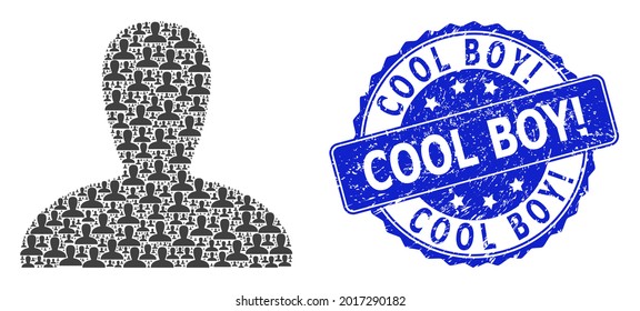 Cool Boy Exclamation rubber round stamp seal and vector fractal mosaic spawn persona. Blue stamp seal includes Cool Boy Exclamation caption inside round shape. Vector mosaic is designed with scattered