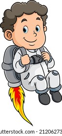 The cool boy is flying with the big fire rocket of illustration