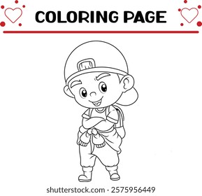 cool boy with good outfit is standing coloring page for kids