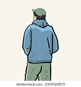 Cool boy or man or guy facing back with nice cap and jacket on cream Background vector modern illustration