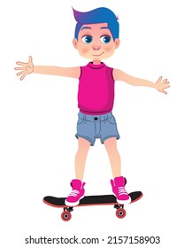 Genial chico en patineta. ilustrador vectorial niño de patinaje con patineta