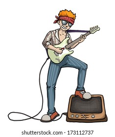 Cool boy playing electric guitar with an amp, vector illustration