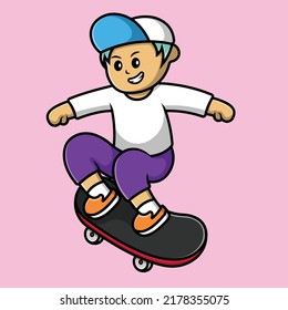 Cool Boy Playing Skateboard Cartoon Vector Icon Illustration. People Sport Flat Cartoon Concept