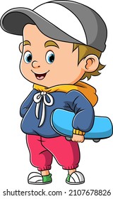 Der coole Junge spielt Skateboard und posiert mit ihm zur Illustration