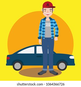 Cool boy pose in front of car