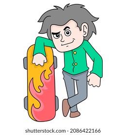 cool boy is posing with his proud skateboard, vector illustration art. doodle icon image kawaii.