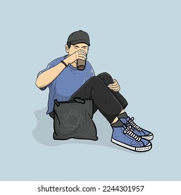 Cool boy sitting on the ground drinking coffee blue Background vector modern illustration