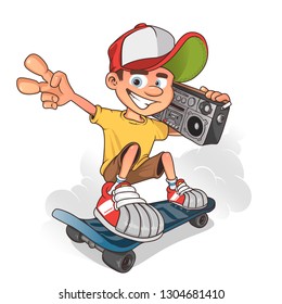 Cool boy skater with ghetto blaster, vector cartoon character.